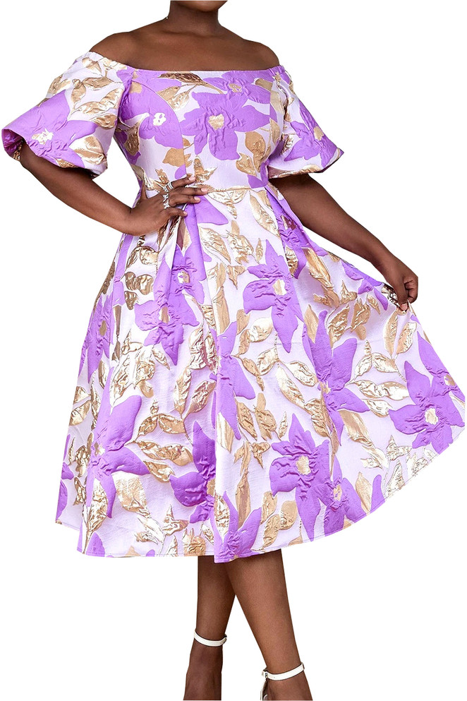 Puff Sleeve Floral A Line Midi Dress Lavender Gold