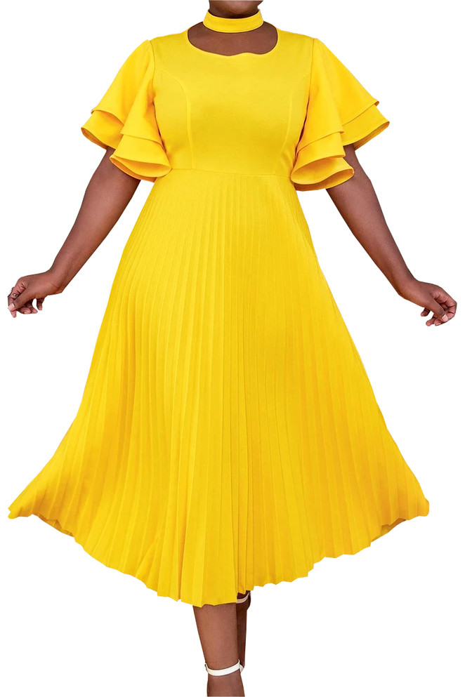 Ruffle Sleeve Pleated A Line Midi Dress Yellow