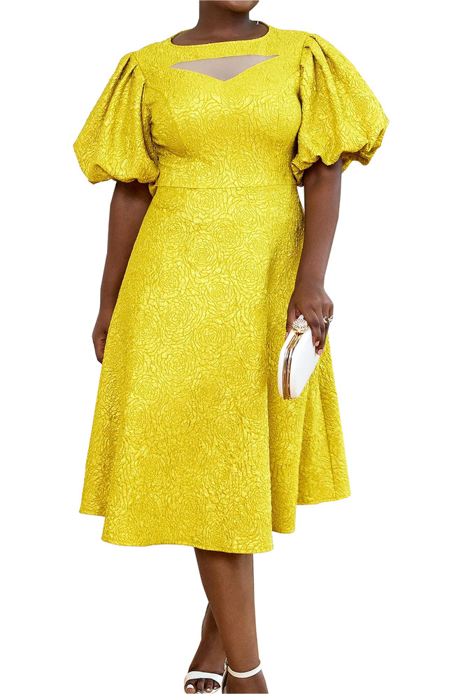 Puff Sleeve A Line Midi Dress Yellow