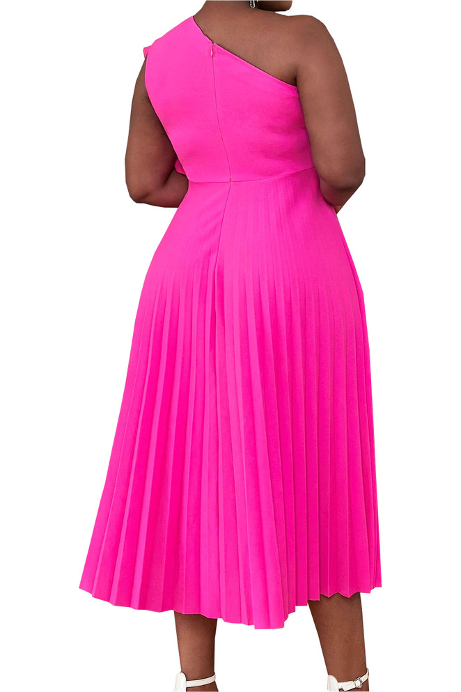 One Shoulder Flower Pleated Midi Dress Hot Pink