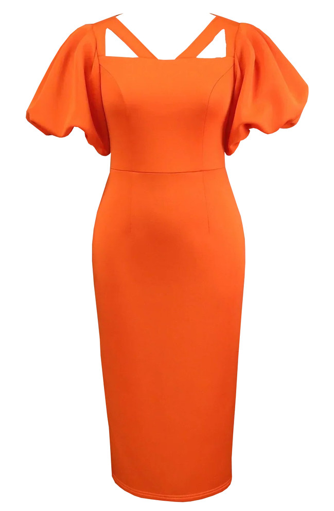 Puff Short Sleeves Midi Dress Orange