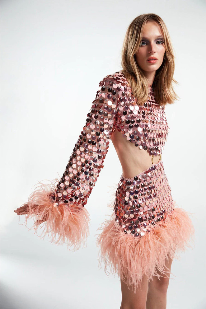 Long Sleeve Sequin Feather Dress Pink