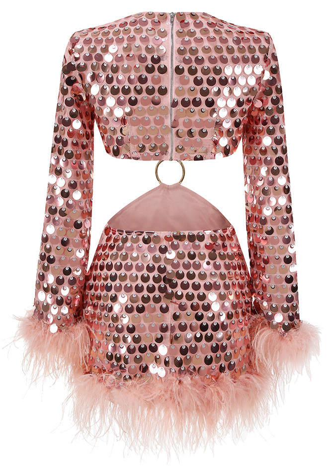 Long Sleeve Sequin Feather Dress Pink