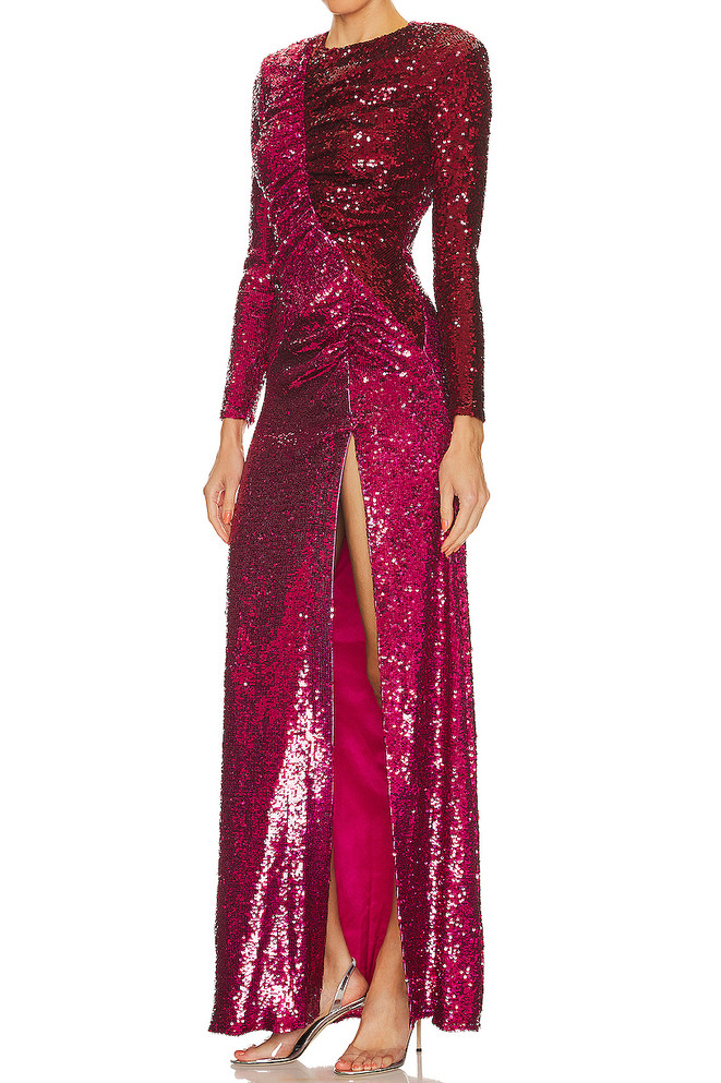 Long Sleeve Sequin Ruched Maxi Dress Watermelon