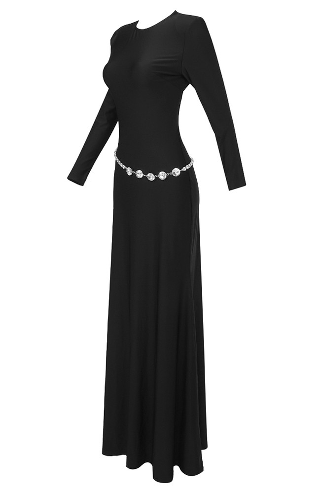 Long Sleeve Crystal Belt Maxi Dress Black