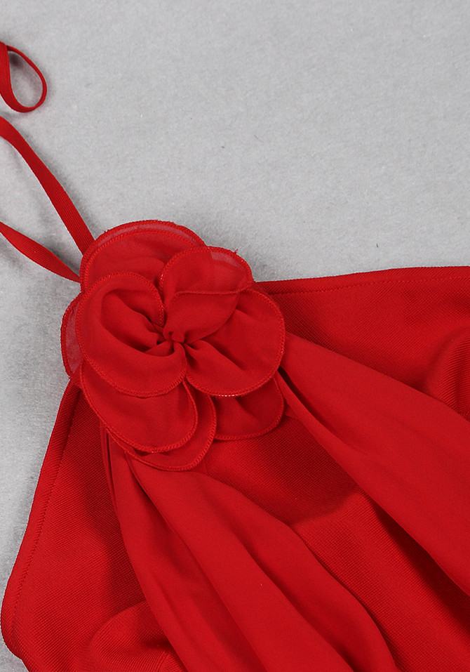 Halter Flower Draped Maxi Dress Red