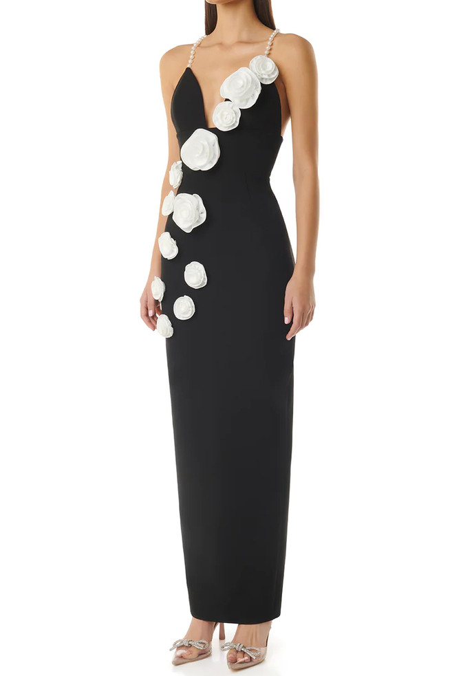 Flower Detail Pearl Straps Maxi Dress Black White