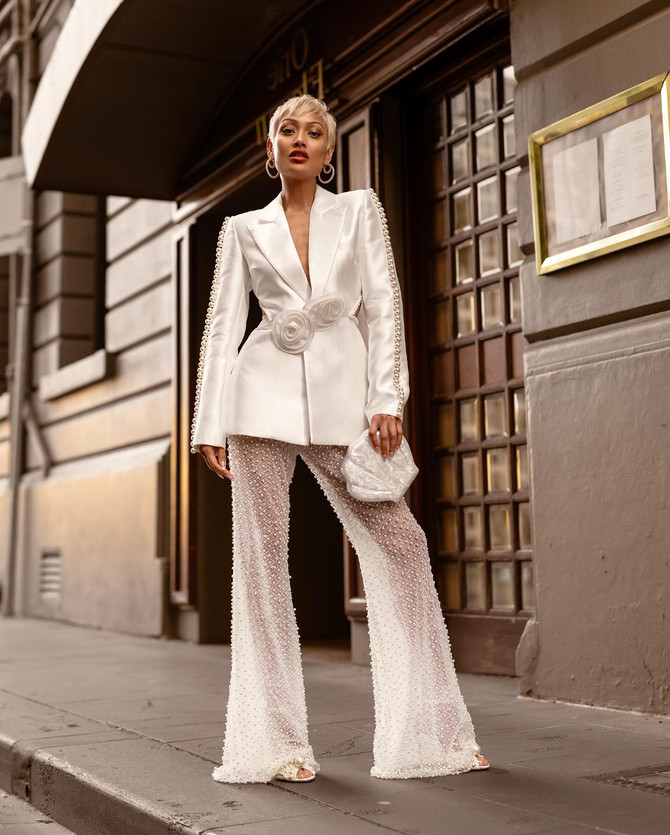 Long Sleeve Pearl Detail Silk Suit White