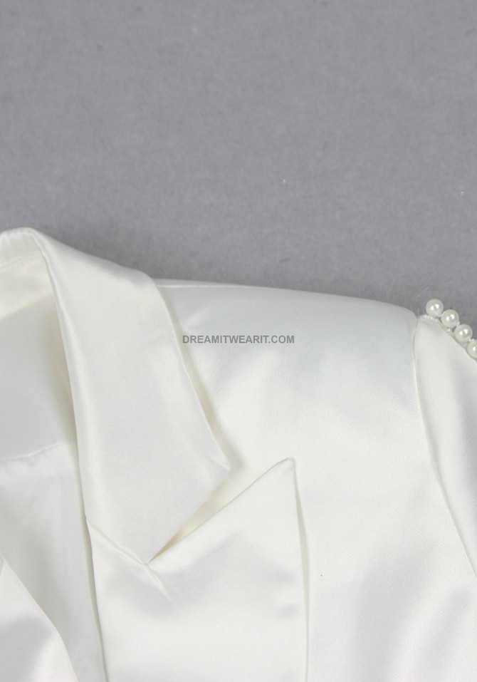 Long Sleeve Pearl Detail Silk Suit White