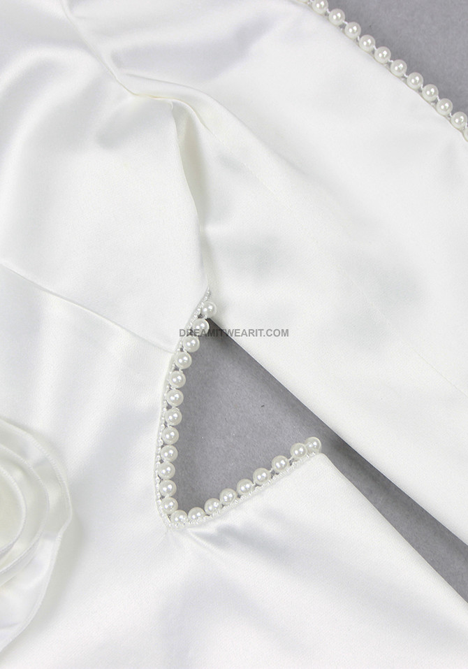 Long Sleeve Pearl Detail Silk Suit White