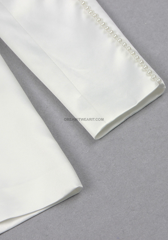 Long Sleeve Pearl Detail Silk Suit White