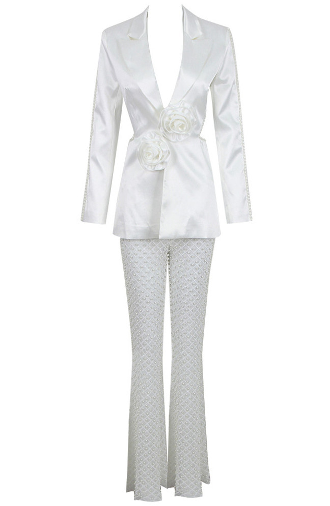 Long Sleeve Pearl Silk Suit White