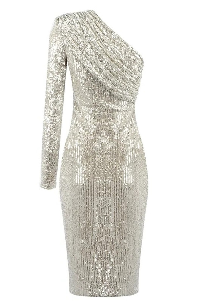 One Sleeve Draped Sequin Midi Dress Silver