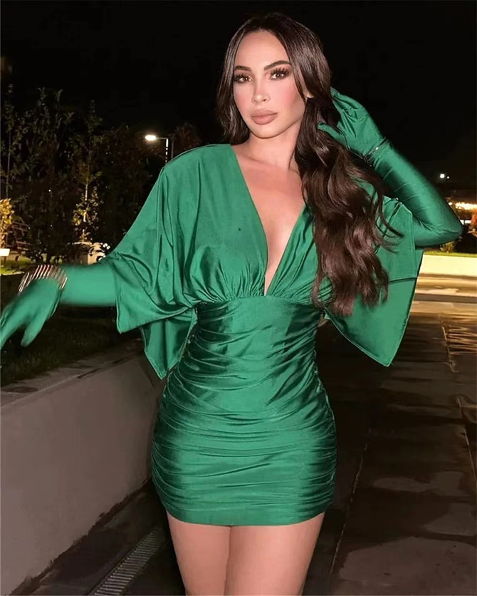 Long Sleeve Ruched Dress Green