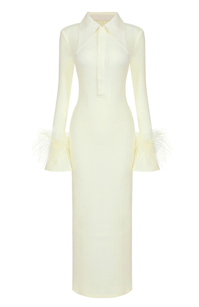 Long Sleeve Feather Ribbed Maxi Dress Ivory