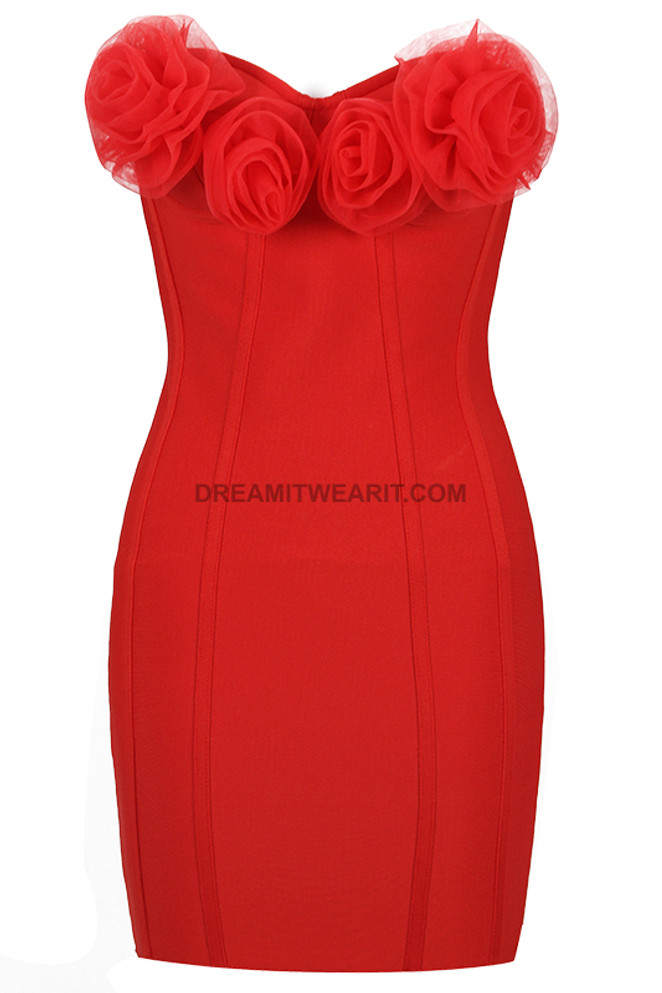 Flower Detail Strapless Dress Red