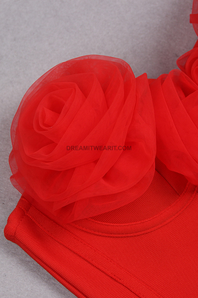 Flower Detail Strapless Dress Red