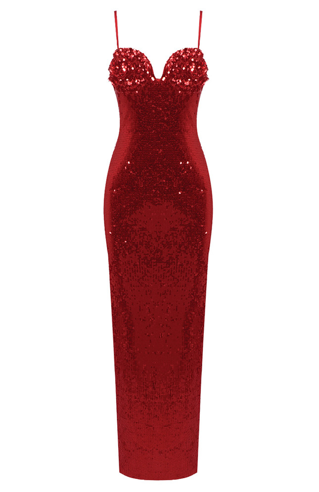 Flower Bustier Sequin Maxi Dress Red