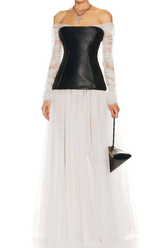 Long Sleeve Faux Leather Corset Maxi Dress Black White
