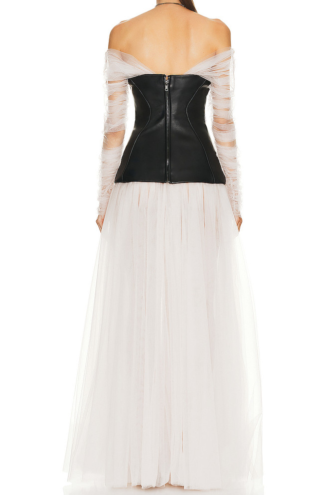 Long Sleeve Faux Leather Corset Maxi Dress Black White