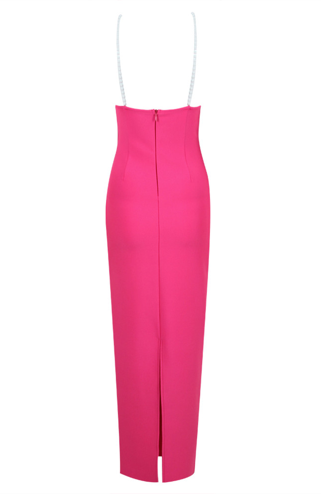 Flower Pearl Straps Maxi Dress Hot Pink