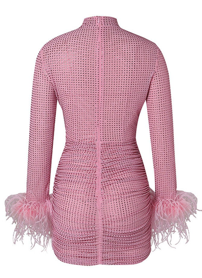 Long Sleeve Embellished Ruched Dress Pink