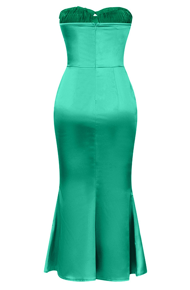 Strapless Ruched Bustier Midi Dress Green