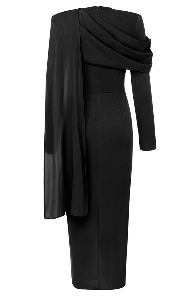 Long Sleeve Shawl Detail Midi Dress Black