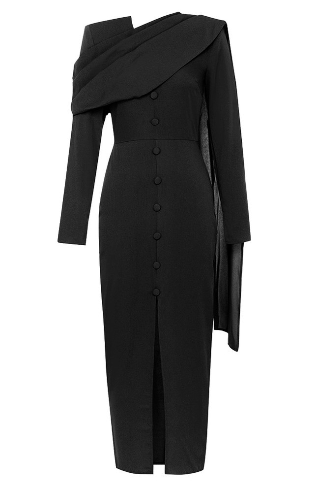 Long Sleeve Shawl Detail Midi Dress Black