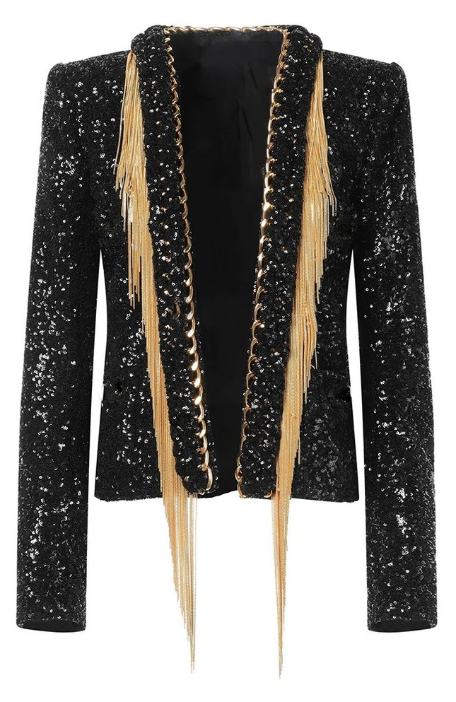 Long Sleeve Sequin Chain Tassel Jacket Black