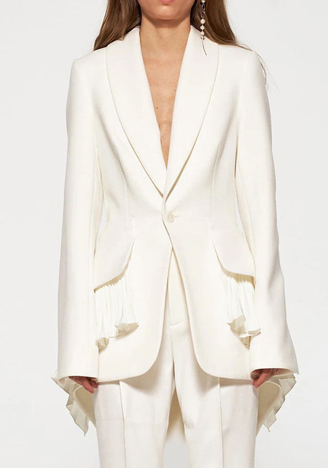 Long Sleeve Pleated Ruffle Blazer White