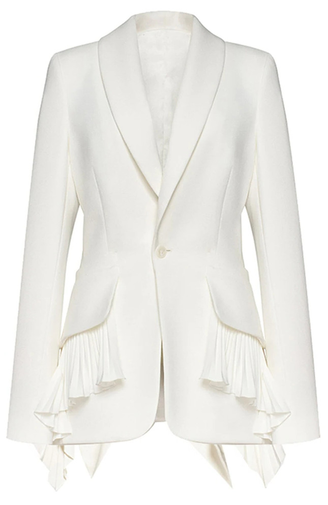 Long Sleeve Pleated Ruffle Blazer White