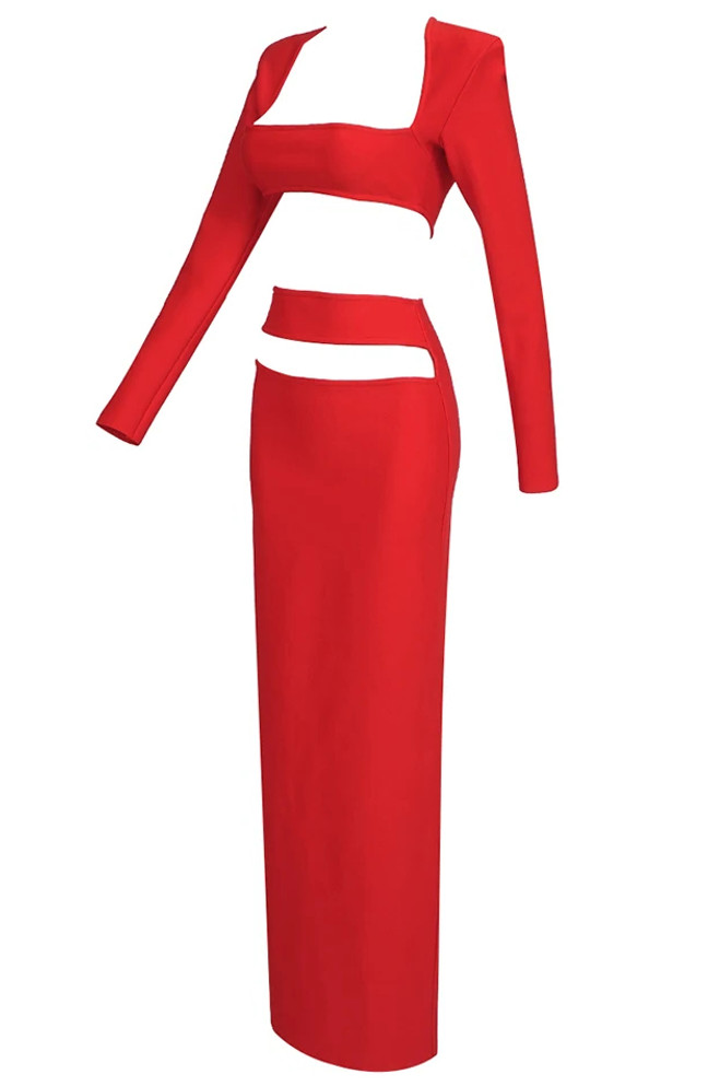 Long Sleeve Two Piece Maxi Dress Red