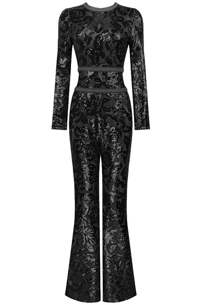 Long Sleeve Sequin Lace Jumpsuit Black