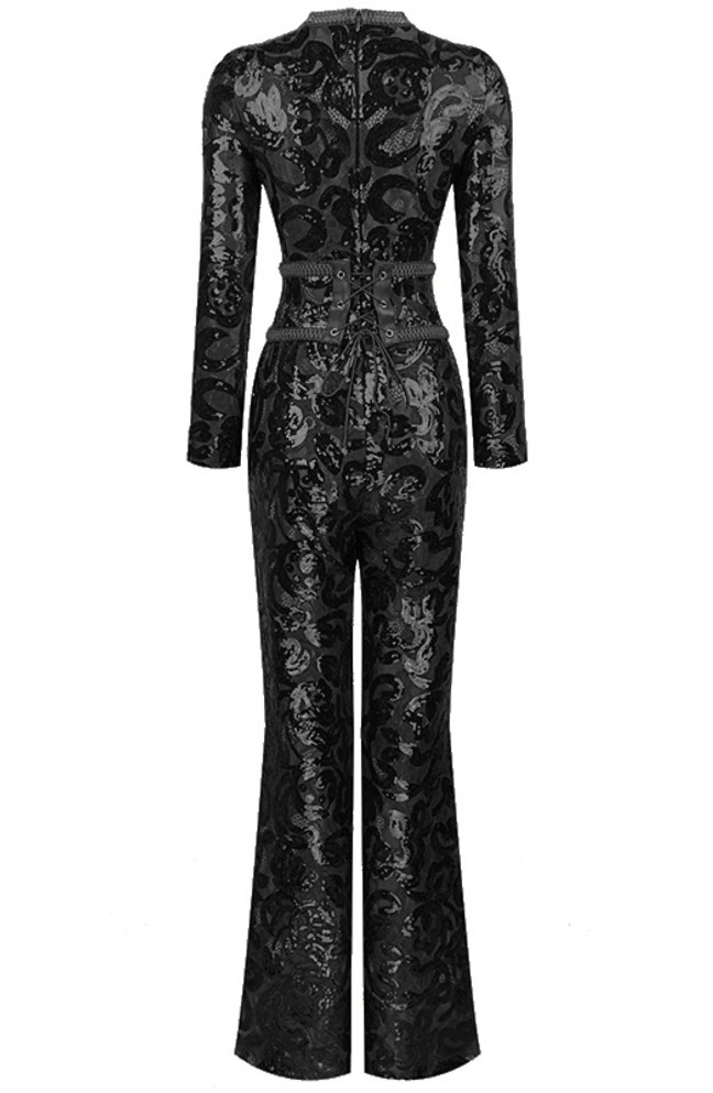 Long Sleeve Sequin Lace Jumpsuit Black