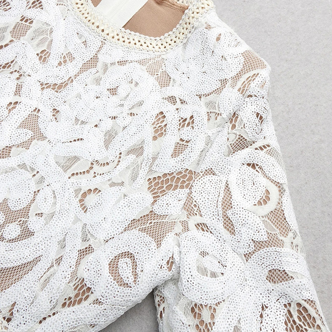 Long Sleeve Sequin Lace Jumpsuit White