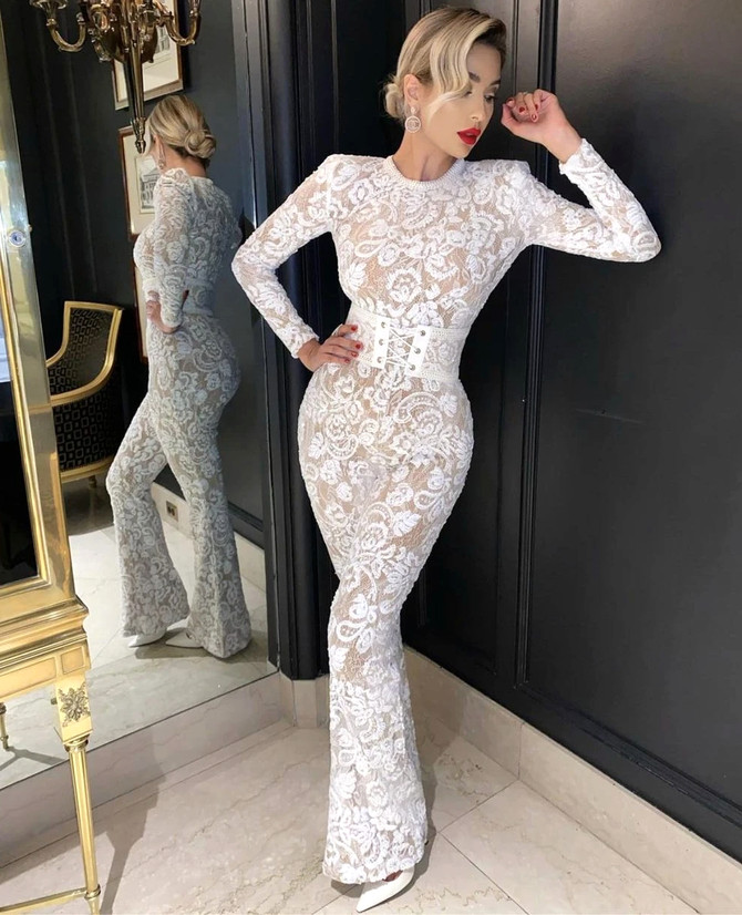 Long Sleeve Sequin Lace Jumpsuit White