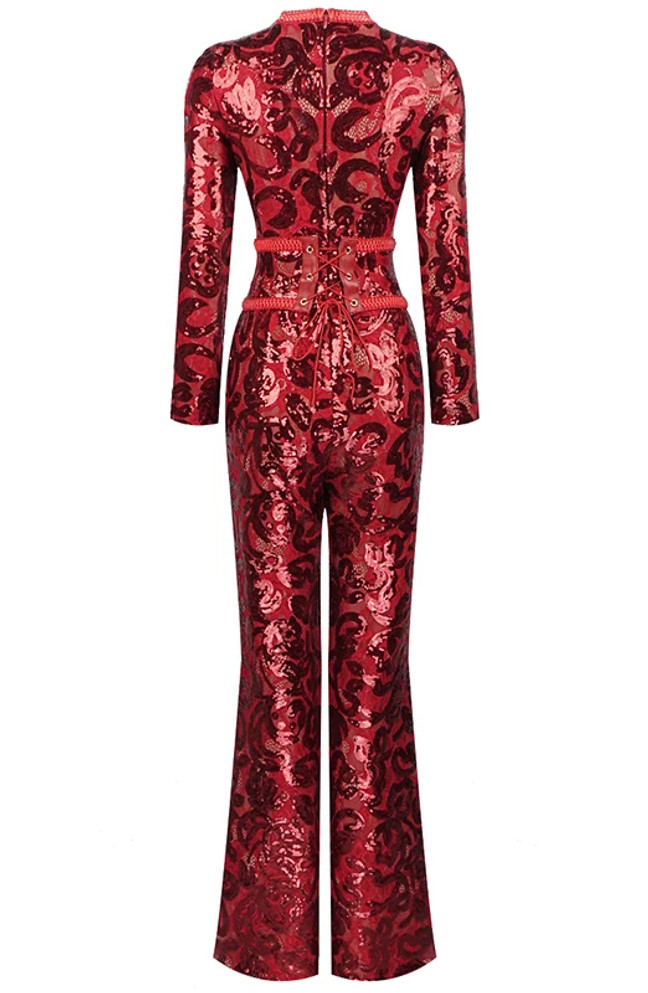 Long Sleeve Sequin Lace Jumpsuit Red