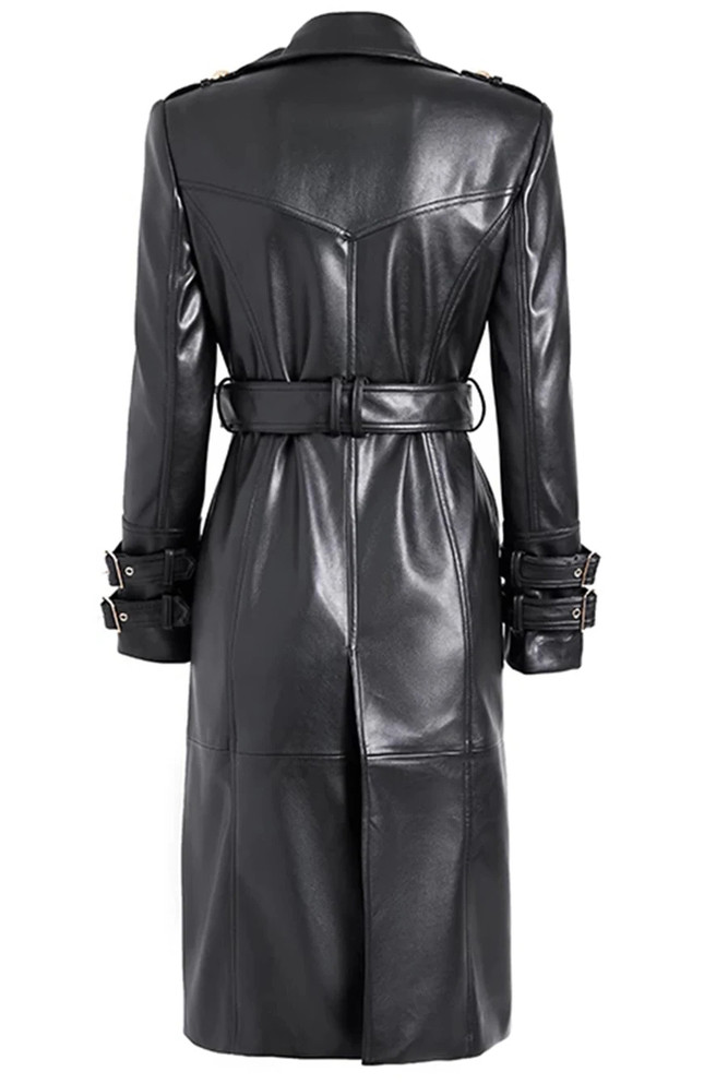 Long Sleeve Midi Faux Leather Coat Dress Black