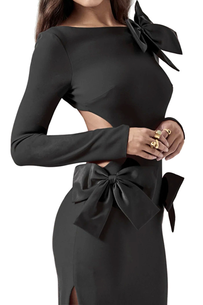 Long Sleeve Bow Detail Backless Maxi Dress Black