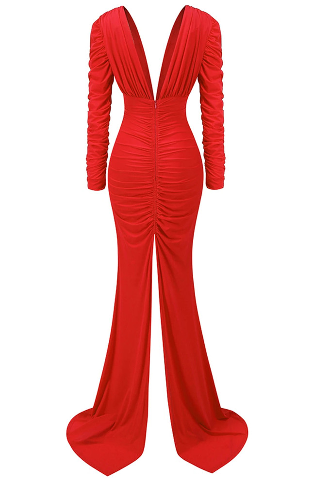 Long Sleeve Ruched Mermaid Maxi Dress Red