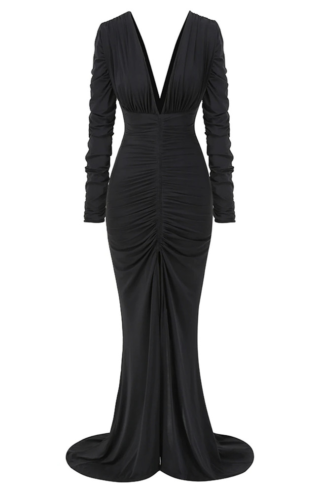 Long Sleeve Ruched Mermaid Maxi Dress Black