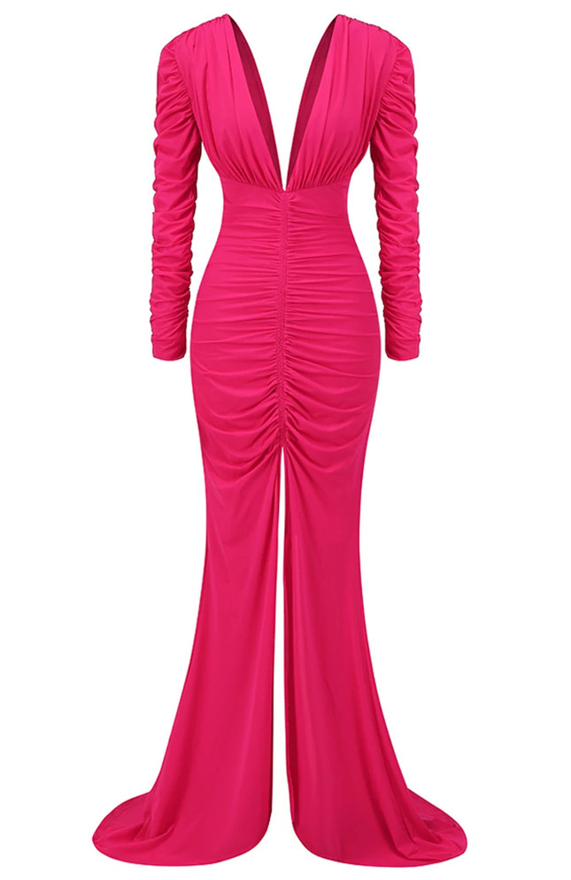 Long Sleeve Ruched Mermaid Maxi Dress Hot Pink