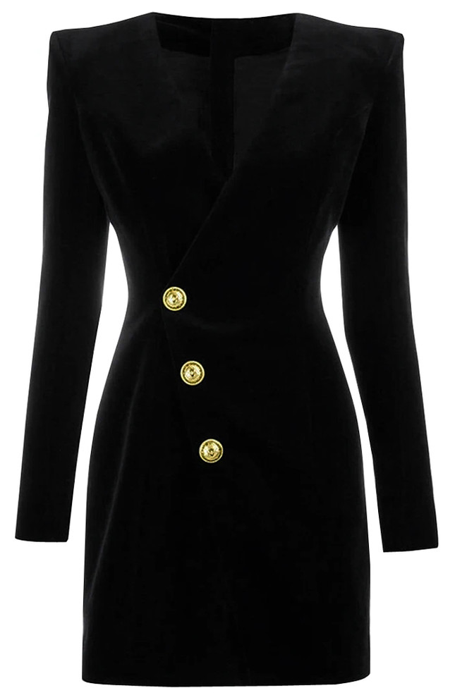 Long Sleeve Velvet Blazer Dress Black