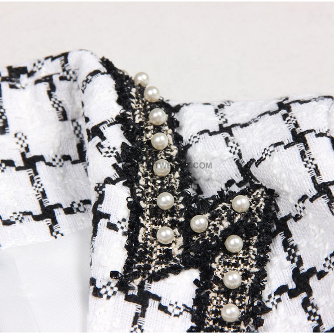 Long Sleeve Pearl Detail Blazer Black White