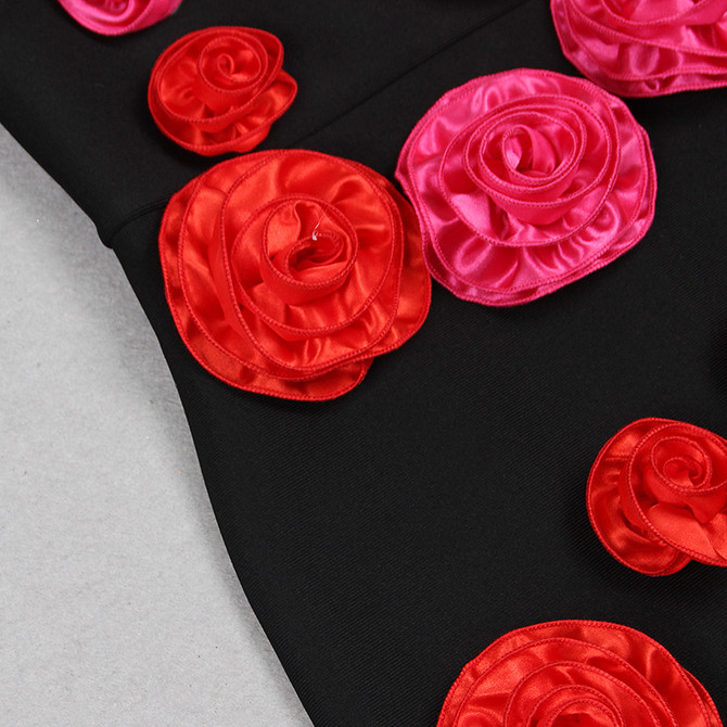One Shoulder Rose Detail Midi Dress Black