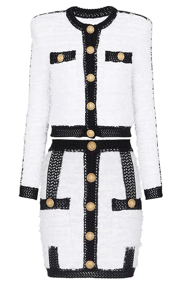 Long Sleeve Button Detail Two Piece Dress Black White