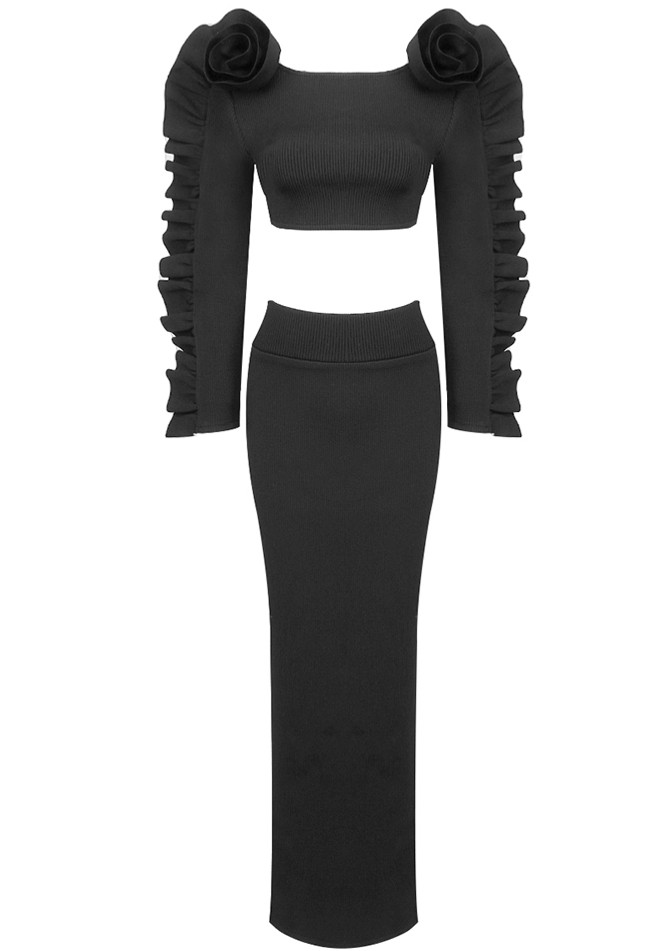 Ruffle Long Sleeve Two Piece Maxi Dress Black