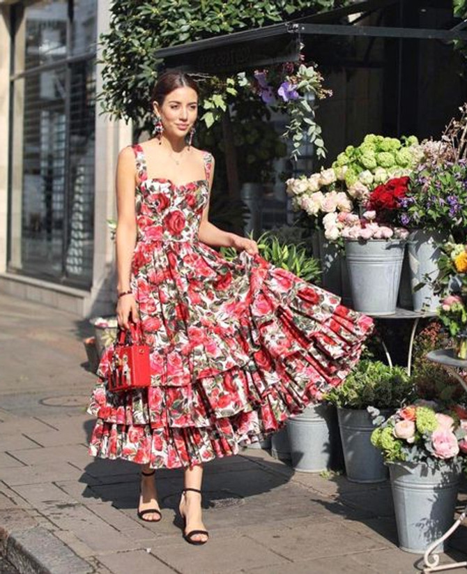 Floral Corset Ruffle A Line Midi Dress Red