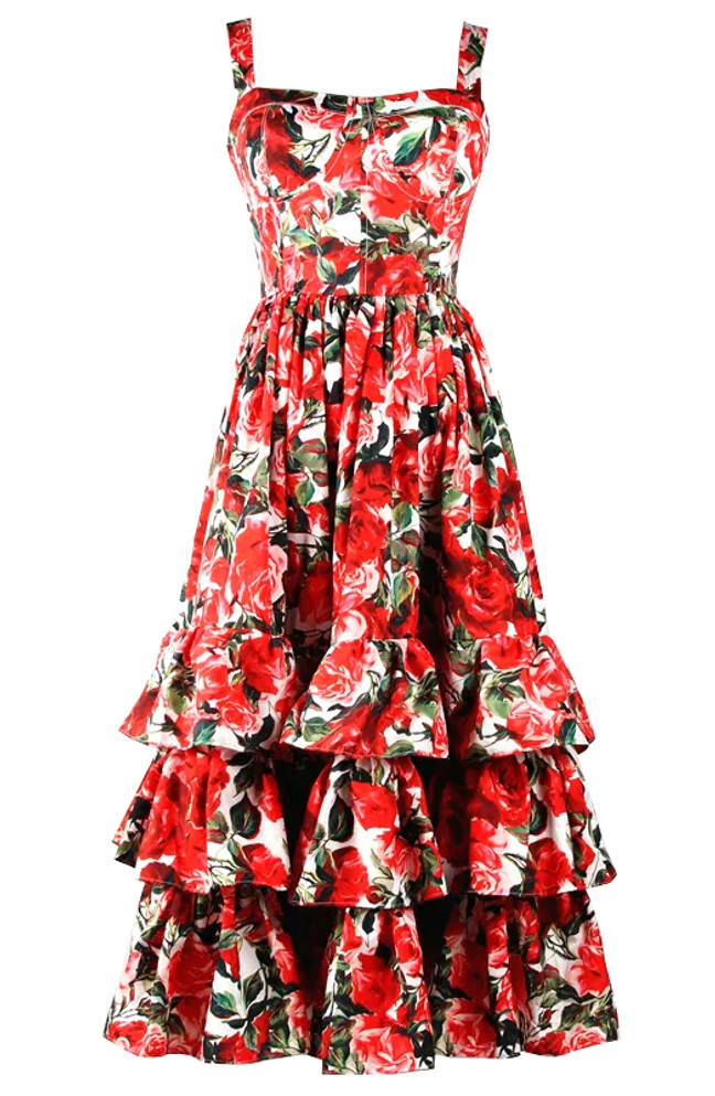 Floral Corset Ruffle A Line Midi Dress Red